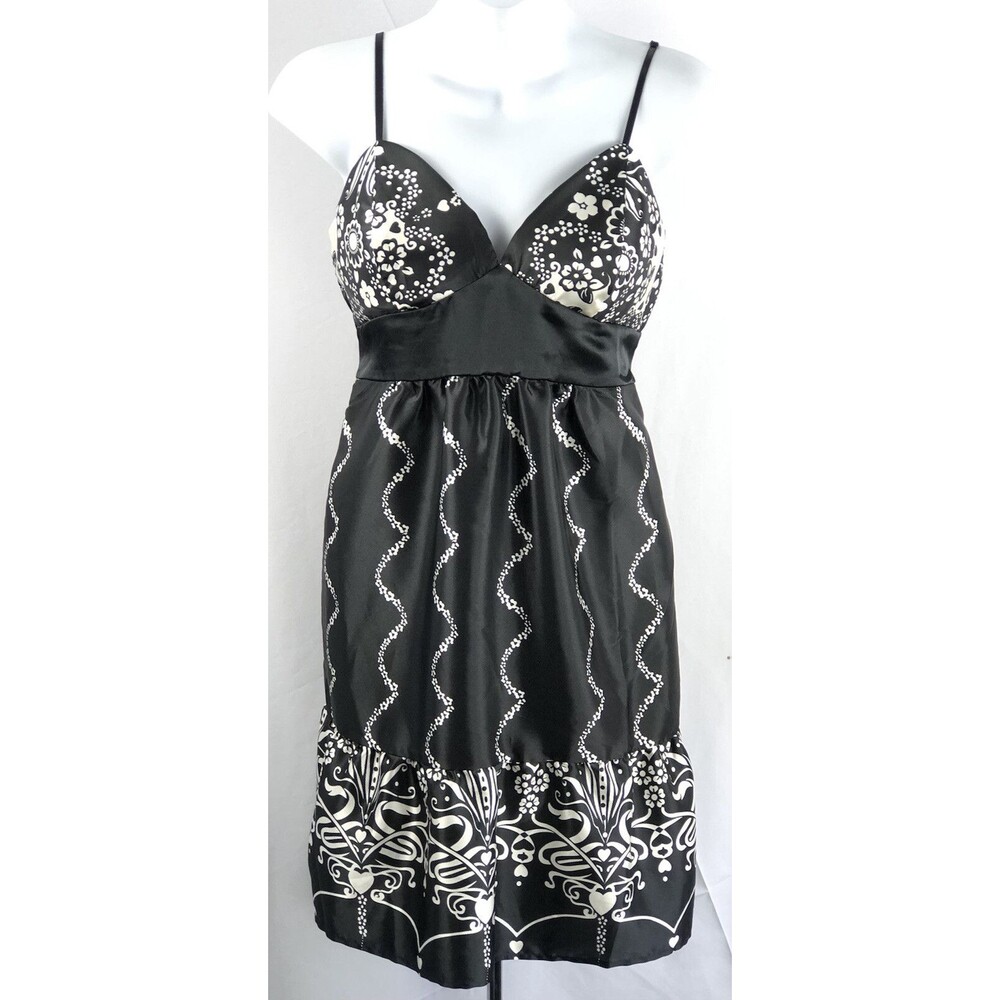 Hot Kiss Mini Dress M Blk/Wht Satin Sweetheart Strappy Belt Empire Whimsigoth
